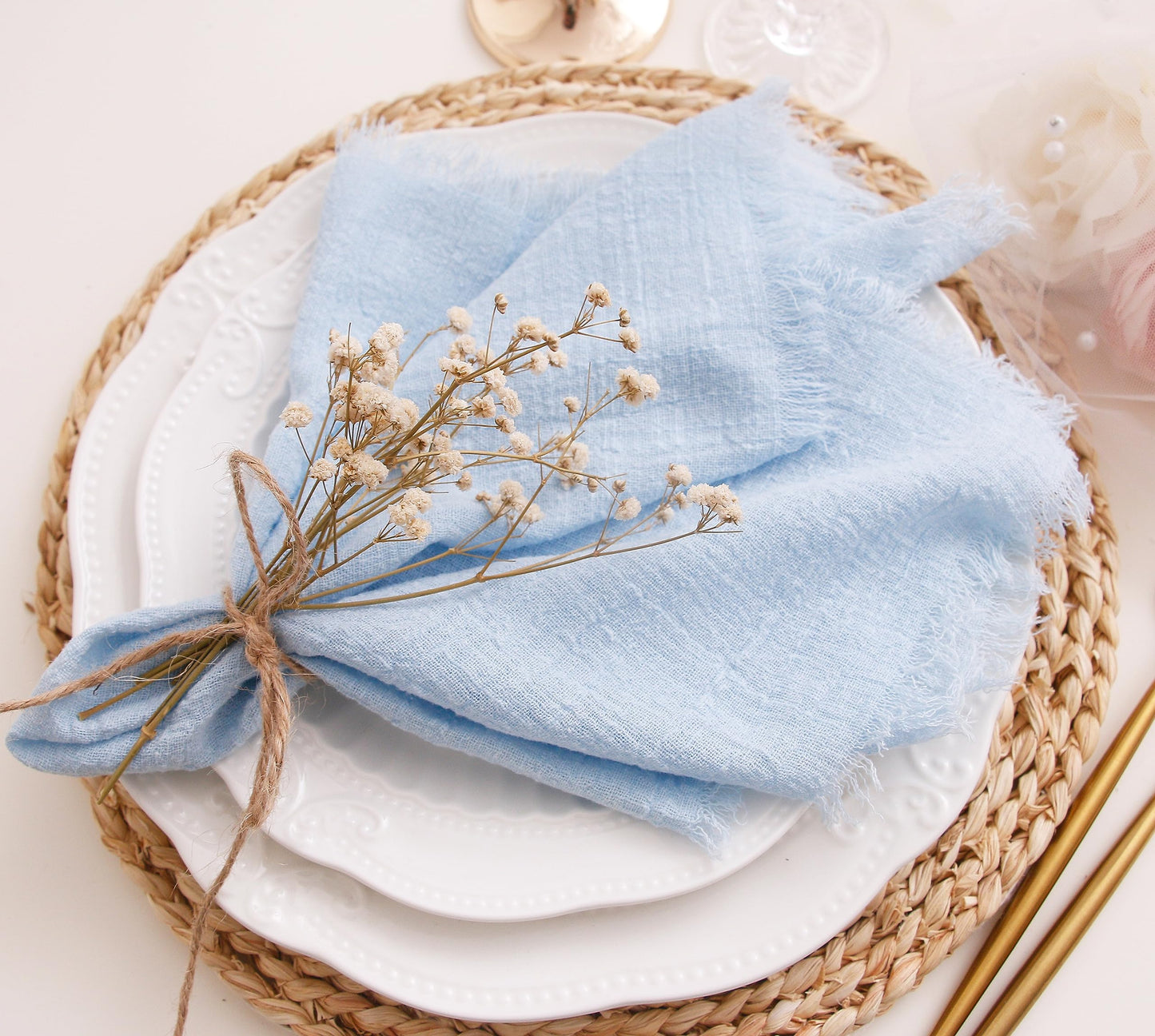 JINVASE Cloth Napkins with Fringe Set of 12,100% Soft Cotton, Gauze Washable Easter Napkins for Wedding Decorative Dinner Parties Spring, (16''*16'') Light Blue