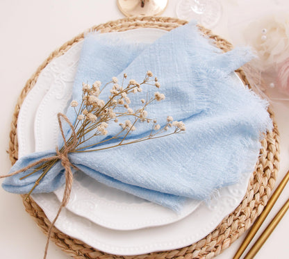 JINVASE Cloth Napkins with Fringe Set of 12,100% Soft Cotton, Gauze Washable Easter Napkins for Wedding Decorative Dinner Parties Spring, (16''*16'') Light Blue