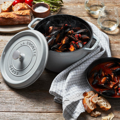 Staub Cast Iron 7-qt Round Cocotte - White Truffle