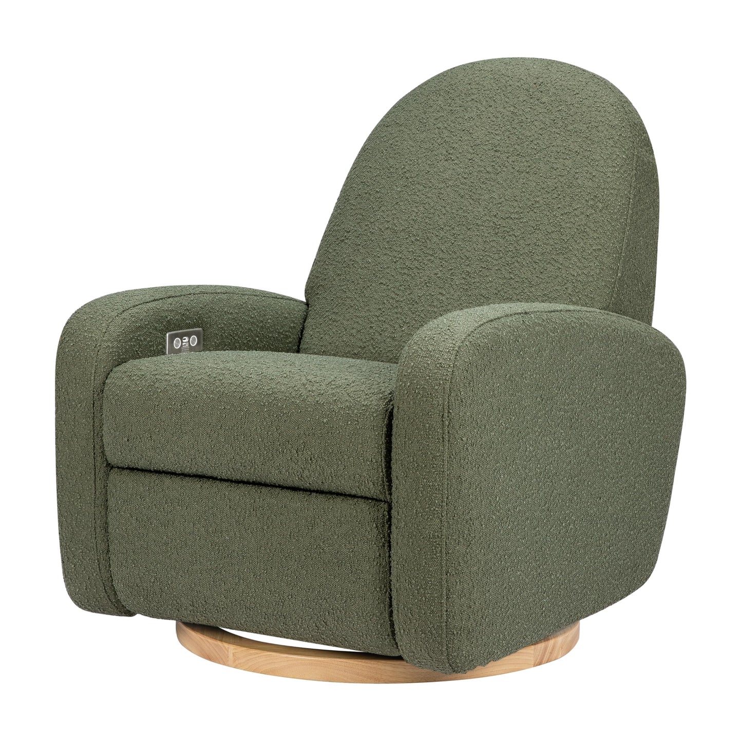 Babyletto Nami Electronic Power Recliner and Swivel Glider with USB Port in Olive Boucle with Light Wood Base, Water Repellent & Stain Resistant, Greenguard Gold and CertiPUR-US Certified