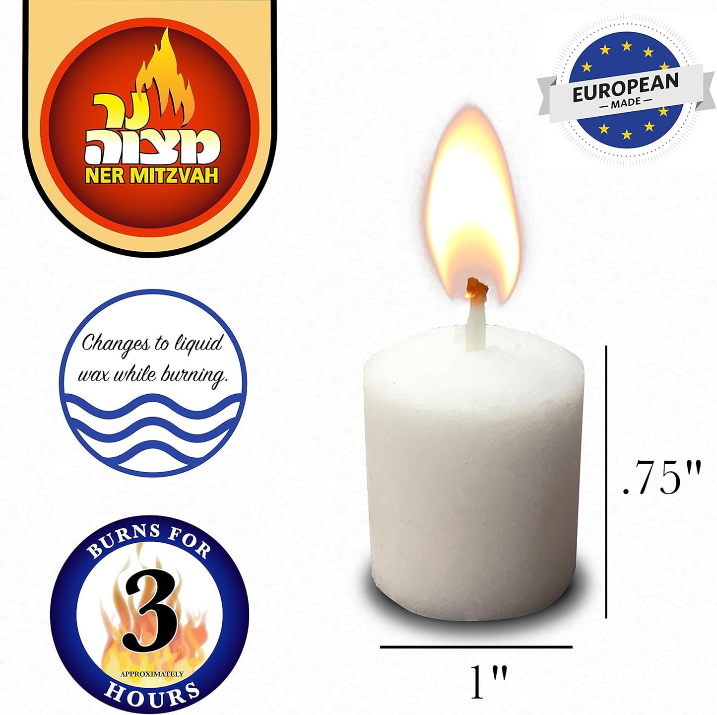 Ner Mitzvah 3 Hour Neironim Candles, 24 Count Shabbat and Votive Wax Candle