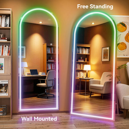 Hasipu Arch Full Length Mirror 79 x 32 in with Stand — Arch LED RGB Full Body Mirror, 7 Lighting Modes, Dimmable, Built‑in Bluetooth Speaker, White Frame for Bedroom Dressing Room