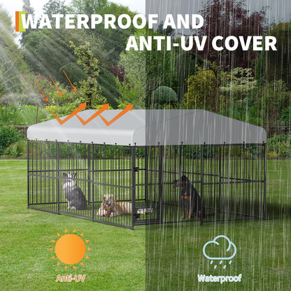 10 x 15 FT Large Outdoor Dog Kennel, Heavy Duty Outside Dog Kennel with Waterproof Cover Roof, Galvanized Metal Frame, Secure Lock, and Included Bowls for Backyard, Park, or Garden