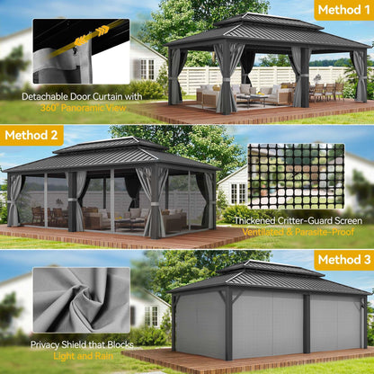 DWVO 12x18ft Gazebo Double Roof Hardtop with Nettings and Curtains, Heavy Duty Galvanized Steel Outdoor Vertical Stripes Roof for Patio, Backyard, Deck, Lawns, Brown