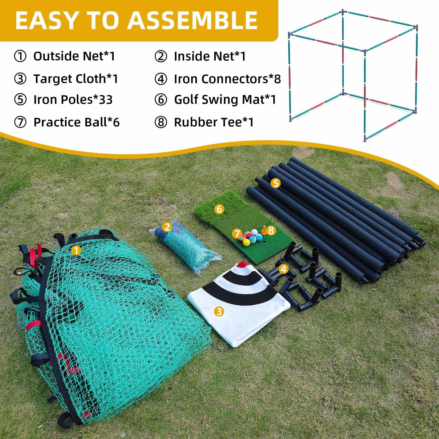 Shopsource Golf Cage with Steel Freame, 10x10x10ft Golf Hitting Net Cage with Rubber Hose, Noise Reduction for Backyard Indoor Outdoor Lawn Practice(Includes 1 Hitting Mat 6 PU Balls 1 Tee)