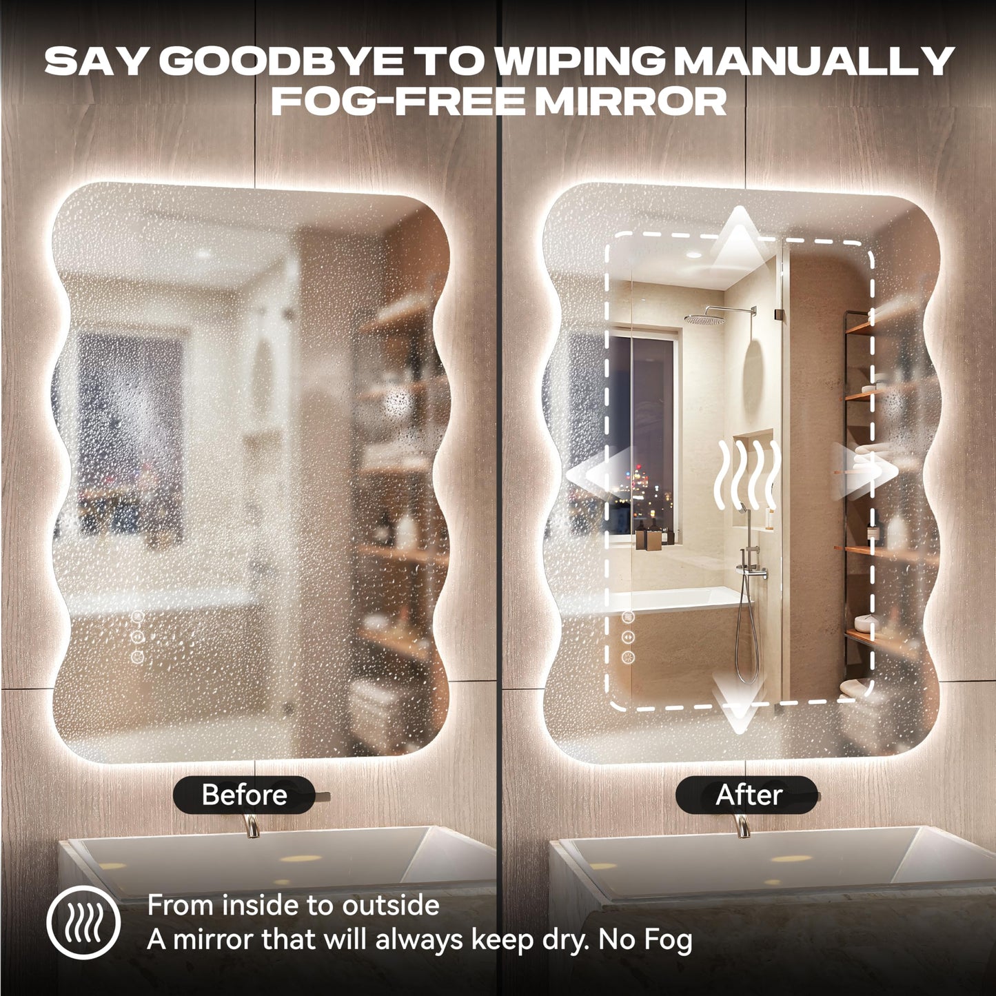 Hasipu Wavy Full Length Mirror with Lights - 55"×30" LED Wavy Floor Mirror, Frameless, Dimmable, Standing or Vertical/Horizontal Wall-Mounted Mirror for Bedroom, Living Room, Cloakroom