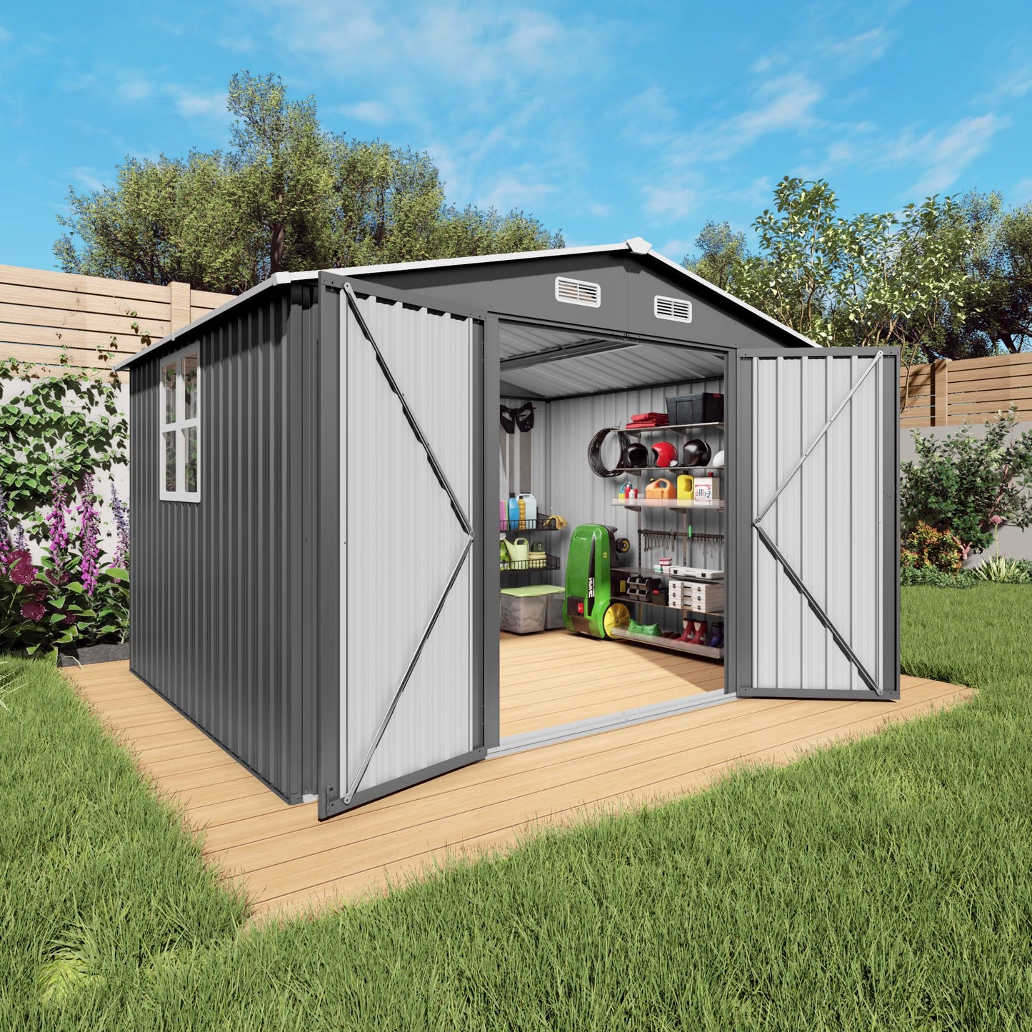 Vigo huseeo 10x8x6.4FT Outdoor Storage Shed, Galvanized Steel Garden Shed with Lockable Door & Window, Waterproof Metal Tool Storage for Garden, Backyard, Patio, Lawn(Grey)