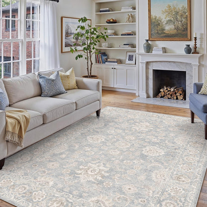 WondRg 10x14 Blue Cream Area Rug for Living Room Bedroom Neutral Floral Soft Non Slip Rug Low Pile Distressed Large Carpet for Dining Room Nursery Office Indoor