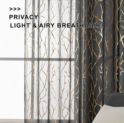 FINECITY Black Gold Sheer Curtains, Metallic Gold Foil Tree Branch, 63 Inch Length, Set of 2