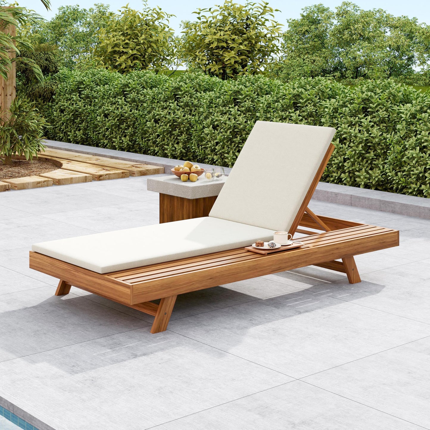 Merax Acacia Wood Chaise Lounge Chair Outdoor Set of 4, Patio Recliner with 4 Position Adjustable Backrest and 1.57" Thick Double-fold Cushion