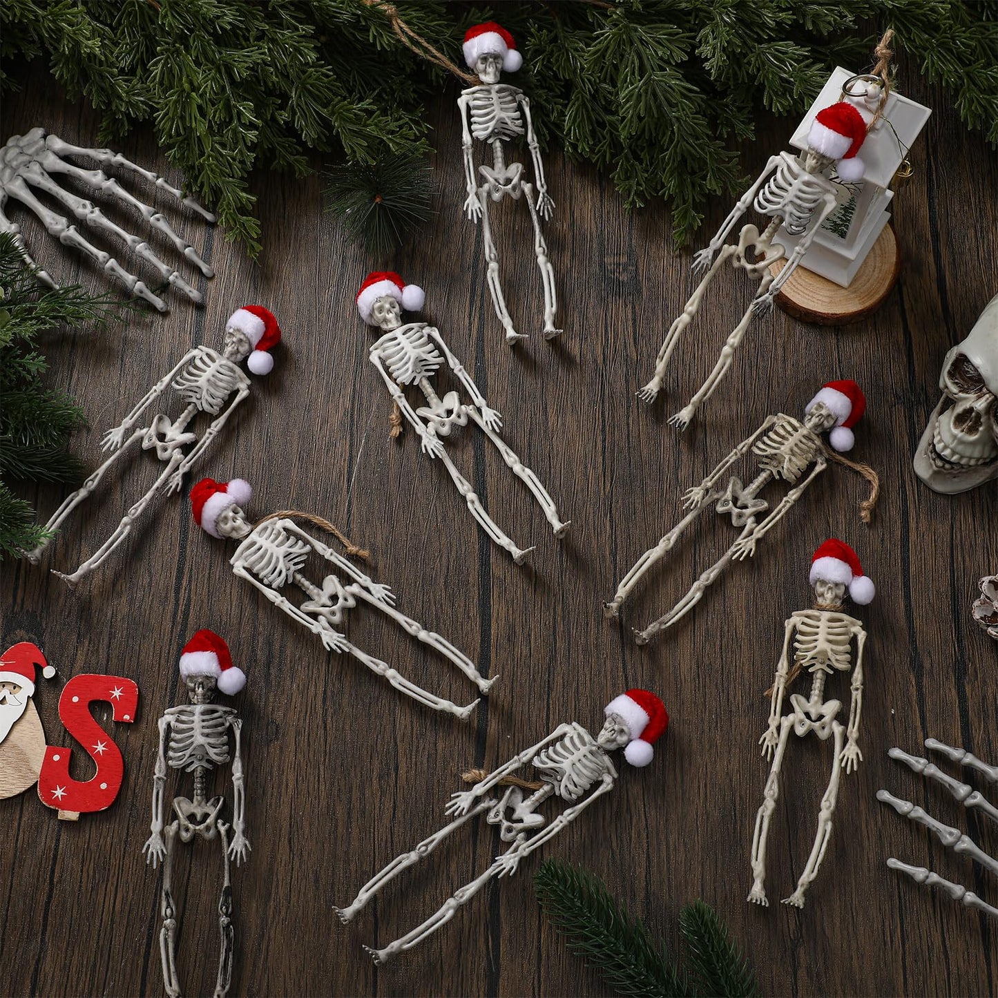 Silipull 12 Pcs Christmas Skeleton Figurine with Santa Hat 7.3 Inch Skeleton Santa Claus Tree Hanging Ornament Mini Skeletons Figurines for Christmas Indoor Outdoor Party Decoration