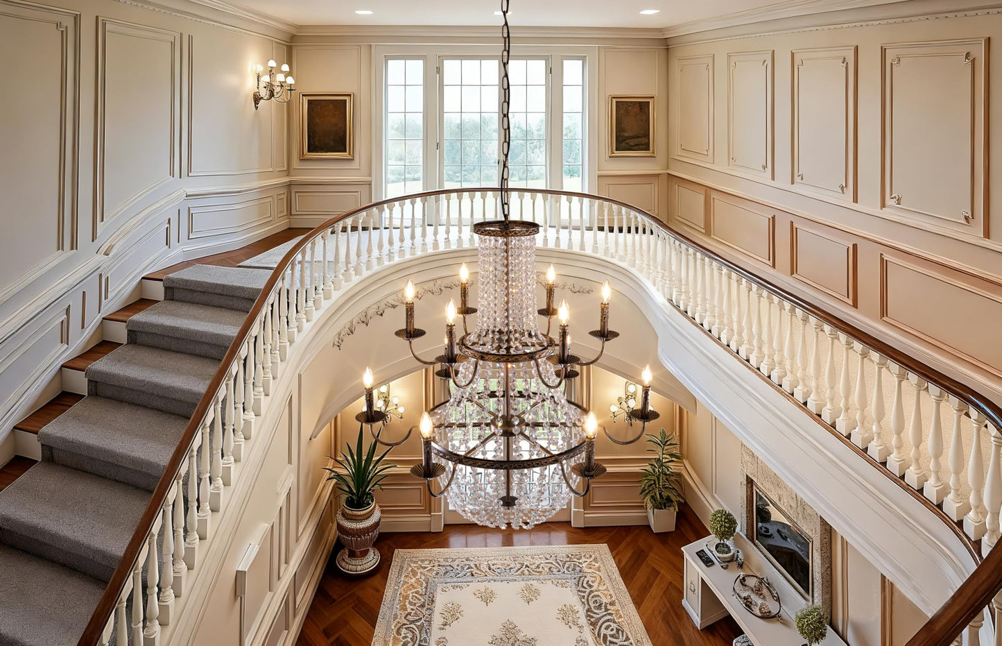 TOCHIC 40'' Long Large Crystal Chandeliers for High Ceilings, 2-Tier Modern Farmhouse Empire Staircase Chandelier 12 Lights Vintage Foyer Chandelier Luxury Crystal Light Fixture for Entryway Hallway