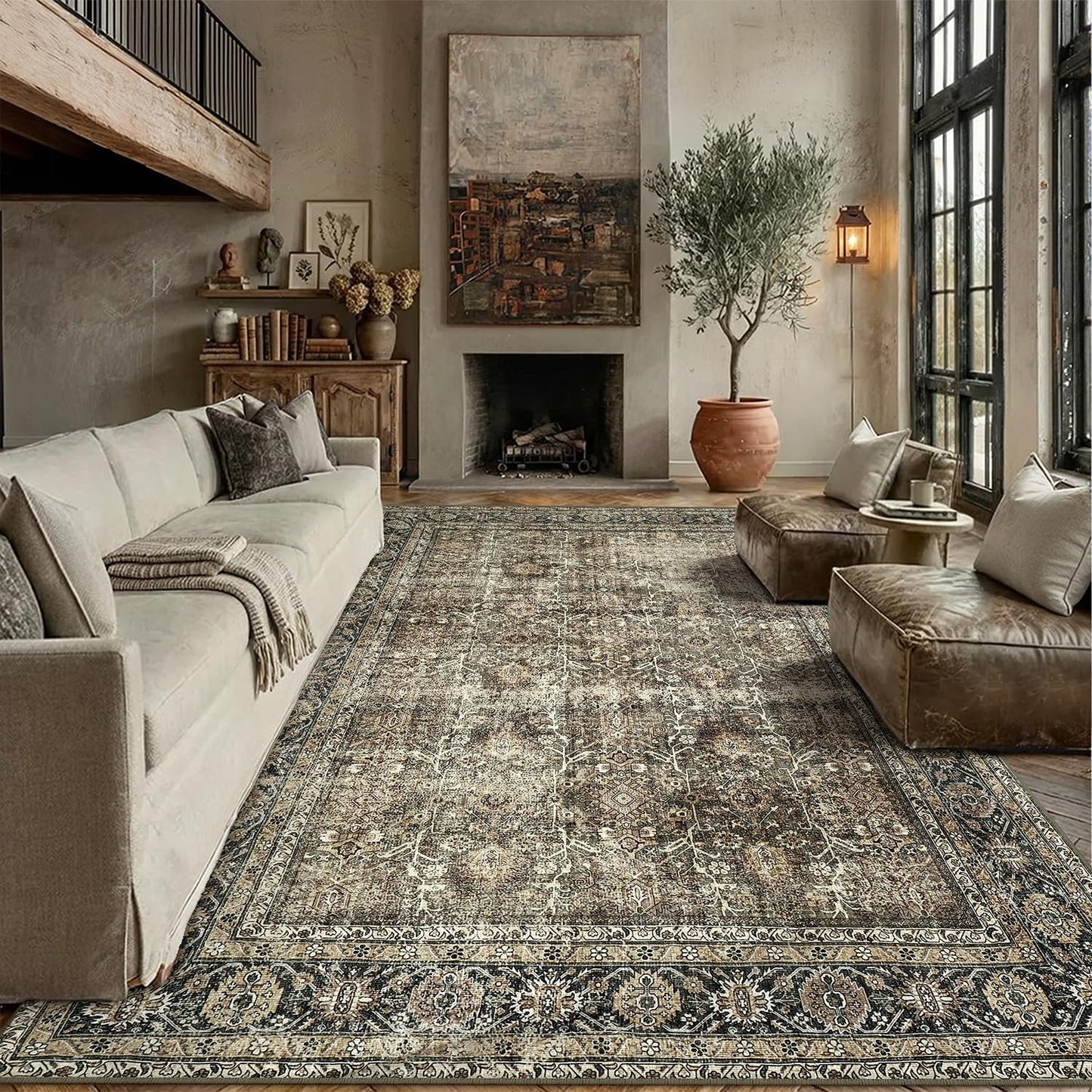 PureCozy Vintage Area Rug 12x15 Brown Washable Living Room Large Carpet Non Slip Bedroom Indoor Office Low Pile Traditional Distressed Retro Accent Rug for Dining Room