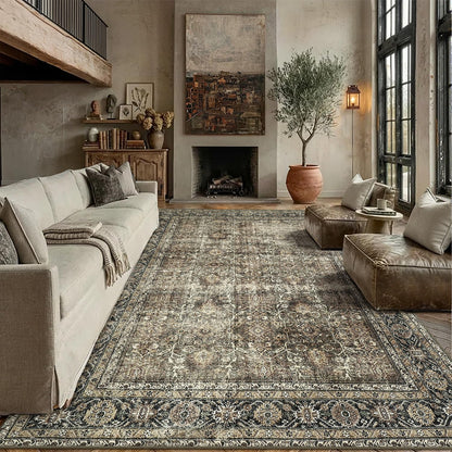 PureCozy Vintage Area Rug 12x15 Brown Washable Living Room Large Carpet Non Slip Bedroom Indoor Office Low Pile Traditional Distressed Retro Accent Rug for Dining Room