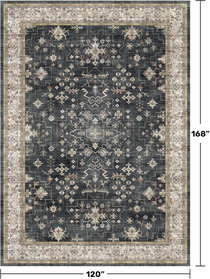 Boho Black Rug - Washable 10x14 Area Rug for Living Room | Soft Low Pile Carpet, Non-Slip & Stain Resistant