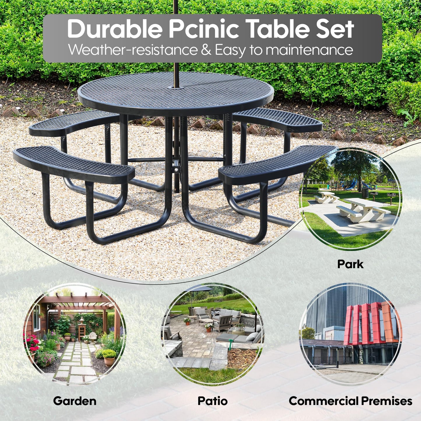 Sunnibety 8-Person Picnic Tables for Outdoors, Industrial 46" Expanded Metal Round Picnic Table with 4 Benches & Umbrella Hole, Outside Table and Bench Set for Park, Garden, Backyard, Patio, Black