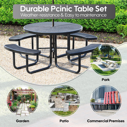 Sunnibety 8-Person Picnic Tables for Outdoors, Industrial 46" Expanded Metal Round Picnic Table with 4 Benches & Umbrella Hole, Outside Table and Bench Set for Park, Garden, Backyard, Patio, Black