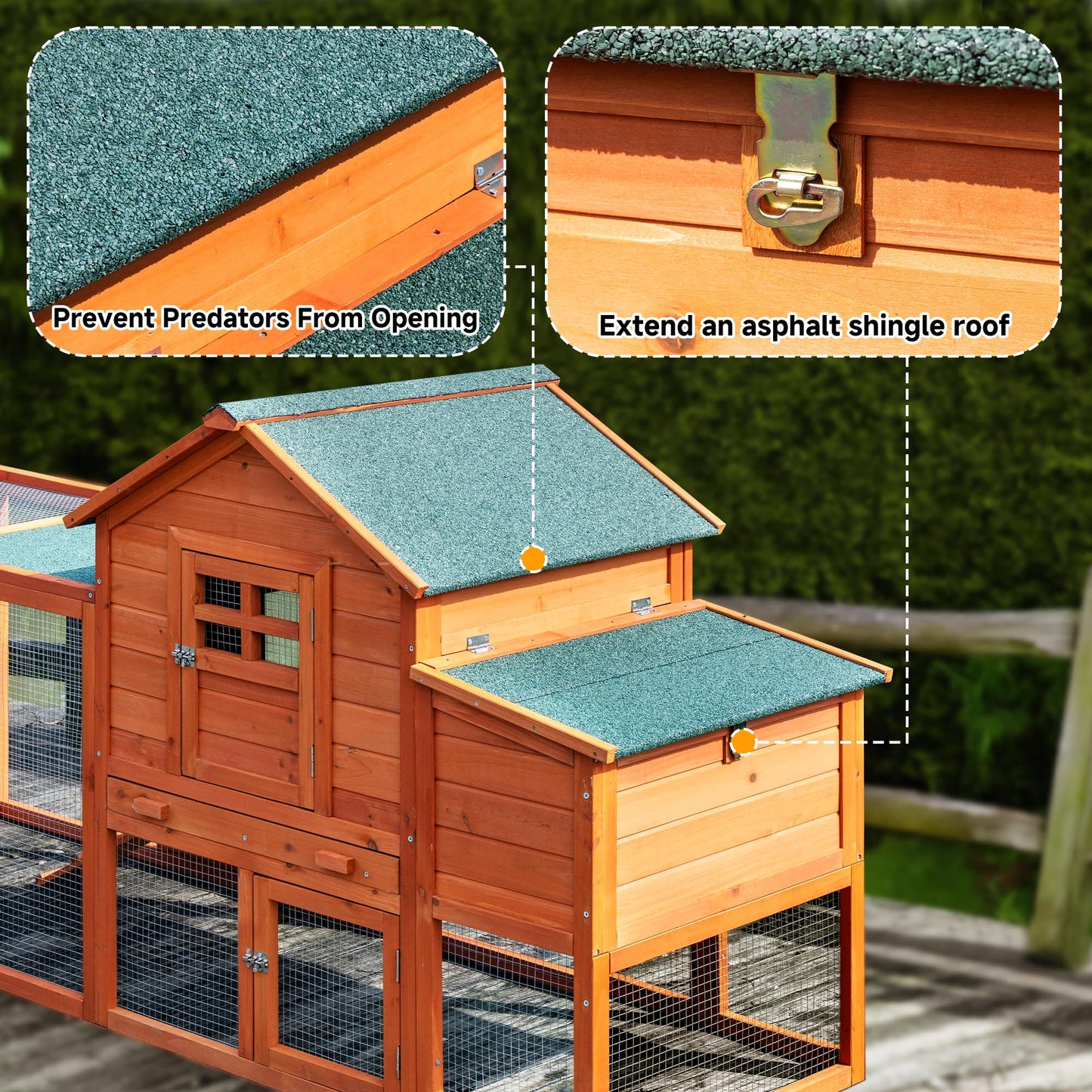 WHEGETED Large Chicken Coop Outdoor Durable Duck House Poultry Pet Hutch & 2 Wood Eggs Run Cage Nesting Box Waterproof Asphalt Roof Ramp Removable Tray Wire Fence for Backyard Small Animal79 Brown