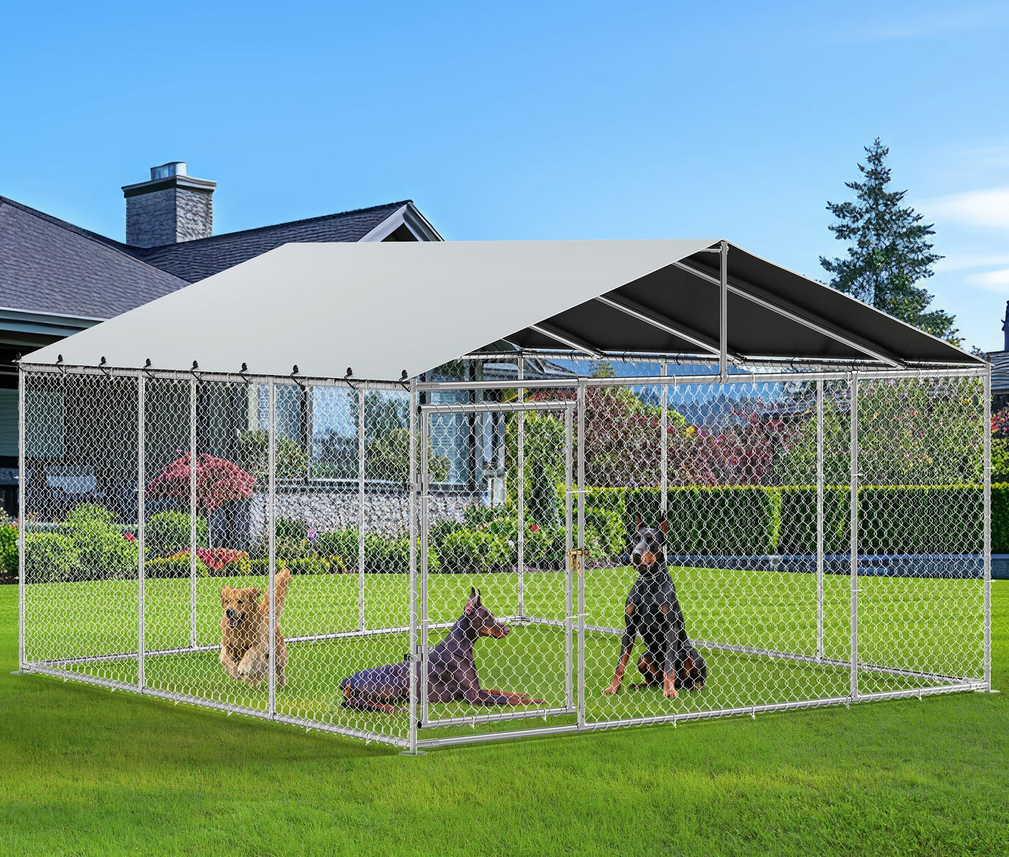 YITAHOME 14.8'x14.8' Large Outdoor Dog Kennel with Metal Dog Gate, Dog Pens Outside with Roof, Dog Fence Outdoor for Yard