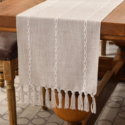 Wracra Rustic Linen Table Runner, 72 inches Long Embroidered Fall Table Runner with Hand-Tassels, Light Coffee, 13"×72"