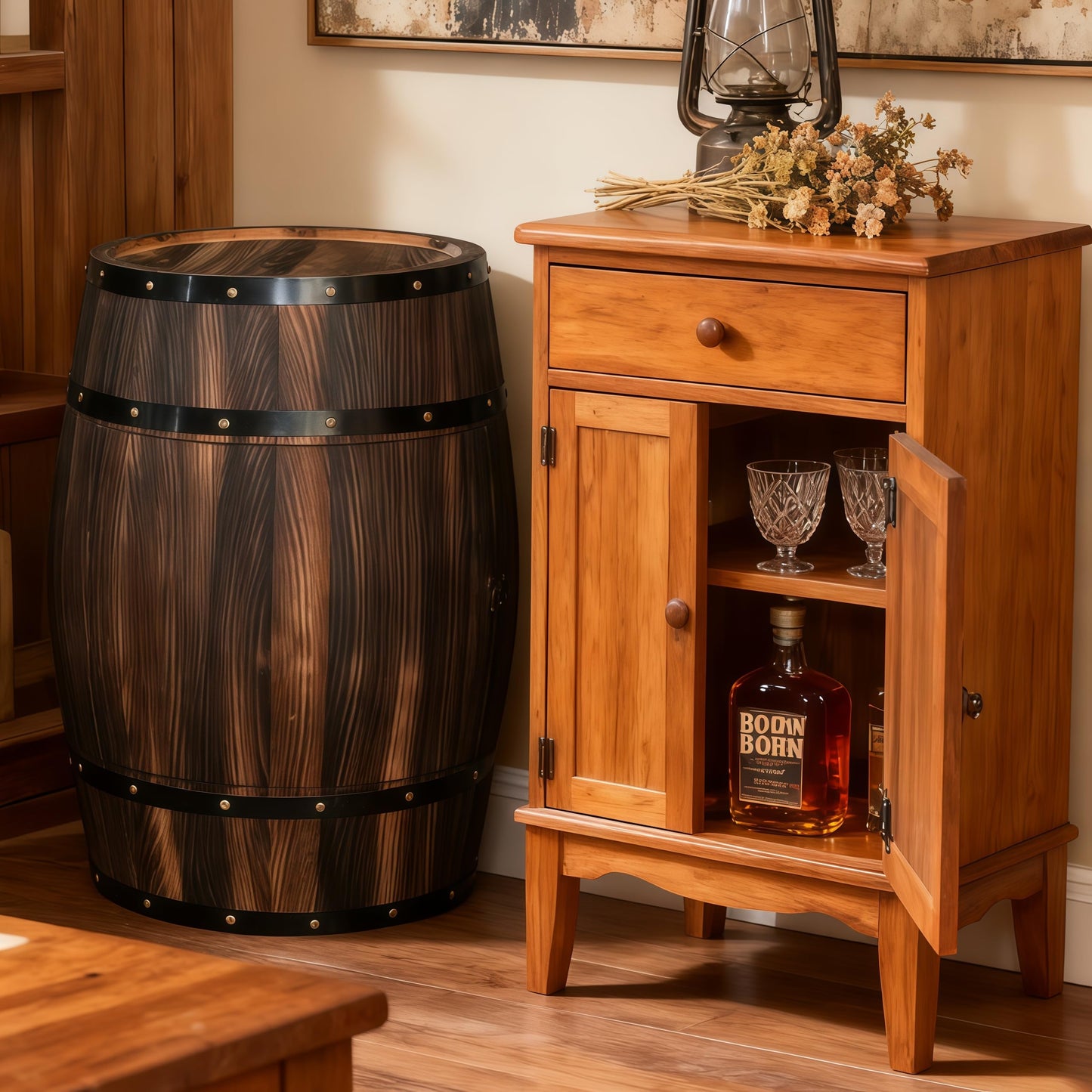 NDDKSII Vintage Whiskey Barrel End Table with 2-Tier Shelf - Reclaimed Wood Rustic Wine Barrel Cabinet with Metal Hoops, 27.56" Antique Furniture for Man Cave, Home Bar & Farmhouse Living Room