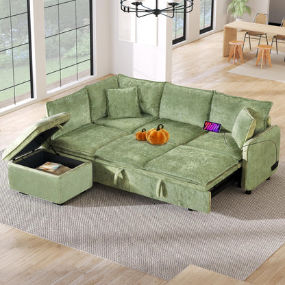 Merax Sectional Convertible Sofa Bed with Storage Ottoman, 2 Pillows, 2 Power Sockets and 2 USB Ports, Modular Sleeper Couch