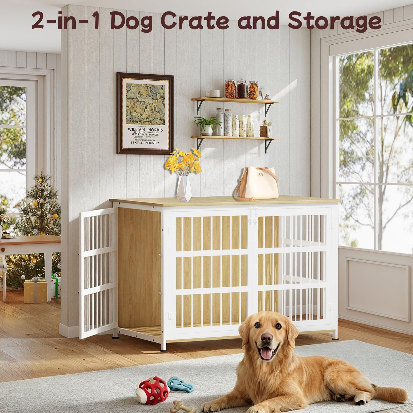 CABZOON 46'' Dog Crate Furniture Large Breed Dog Crate Dog Kennels for Inside Wooden Dog Crates End Table Heavy Duty Indoor Combination Cage for Medium to Large Dogs Oak