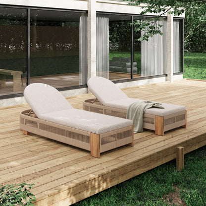 Merax 2-Piece Outdoor Chaise Lounge Chair with Adjustable Backrest & Waterproof Cushion - Acacia Wood Pool Sun Lounger for Patio, Beach, Yard, Garden, Beige