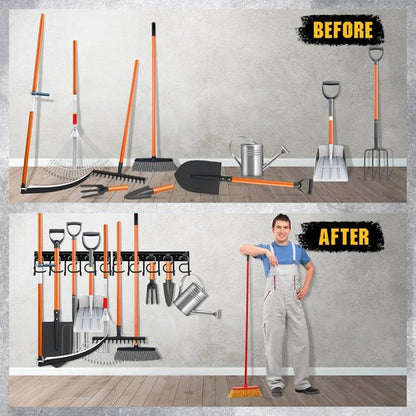 ELEAD 68'' Adjustable Metal Garden Tool Organizer - Wall Mount with Black Hooks for Garage Storage
