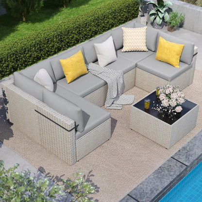 PATIOPIA 7-Piece Outdoor Sectional Sofa Set, Weather-Resistant Patio Furniture Set with Washable Cushions and Coffee Table, Grey Rattan Patio Conversation Set for Poolside, Backyard, Deck (Grey)