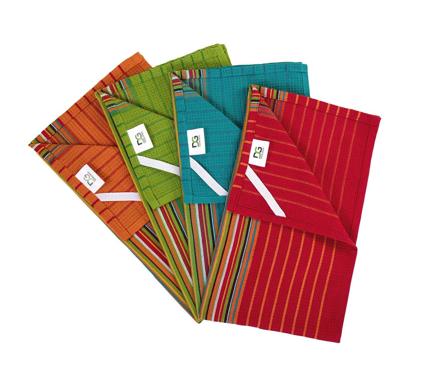 DG Collections Salsa Stripe Kitchen Dish Towels, 100% Cotton, Highly Absorbent, Multi Purpose Waffle Tea Towels for Cooking, Drying & Cleaning, 16x28 Inches, Pack of 12