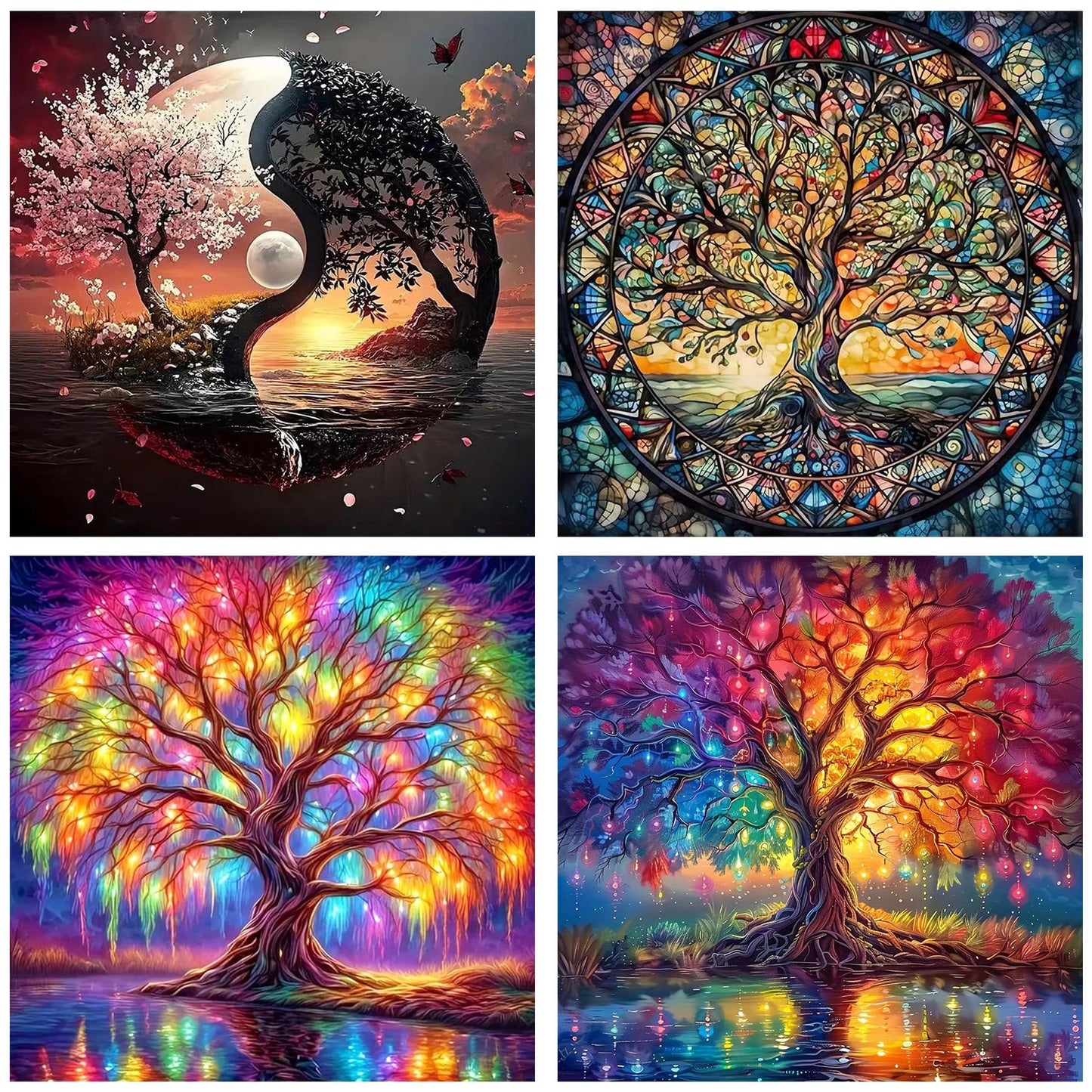 mrpwnle 4 Pack Tree of Life Diamond Art Kits for Adults - Tree of Life Diamond Painting Kits for Adults Beginners, 5D Round Full Drill Diamond Art Dots Gem Art Kit for Home Wall Decor 12x12in