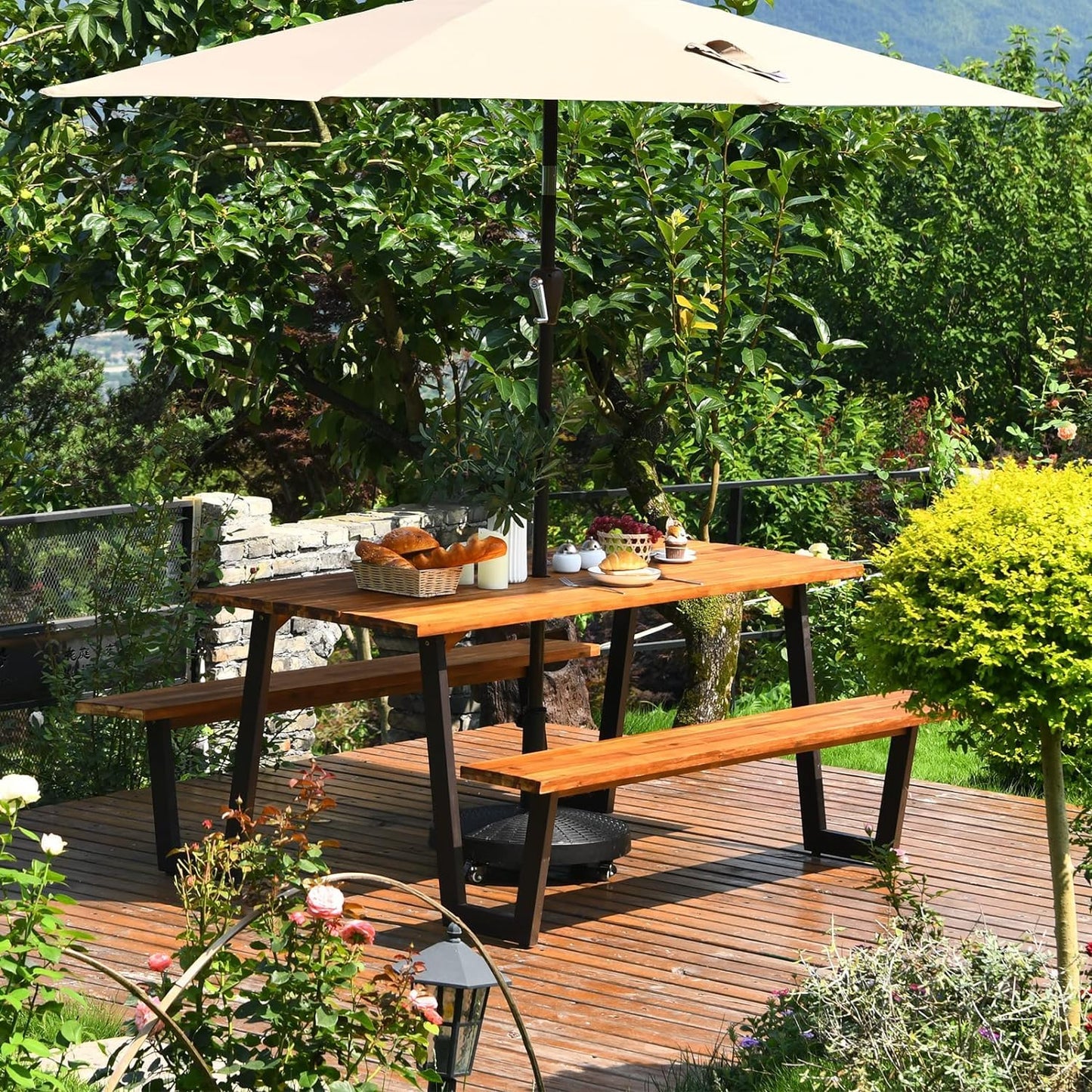 LDAILY Acacia Wood Picnic Table with Umbrella Hole, 70’’ x 30’’ Outdoor Picnic Tables with Benches for 6-8 Persons, 1600 LBS Max Load, Metal Frame & 2" Umbrella Hole, Party, Garden, Yard, Patio, Lawn