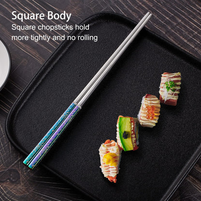 Metal Chopsticks Reusable Dazzling Rainbow Stainless Steel Chopsticks Titanium Plated Dishwasher Safe Fancy Laser Engraved Korean Japanese Chop Sticks Multicolor 2 Pairs Gift Set