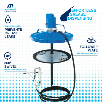 Macnaught Legendary P6TR 50:1 Air-Operated Greasing Pump for 120 lb. Drum. Includes Booster Gun, Hose and Trolley, Low Air Consumption (3CFM)