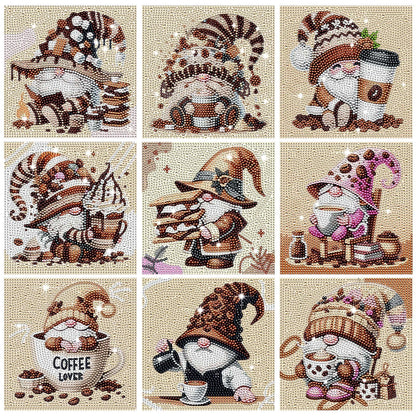 TecUnite 9 Pcs Coffee Gnomes Diamond Painting Art Diamond Painting Kit for Beginners DIY Rhinestone Gem Crafts for Christmas Home Wall Decor 6 x 6 Inch