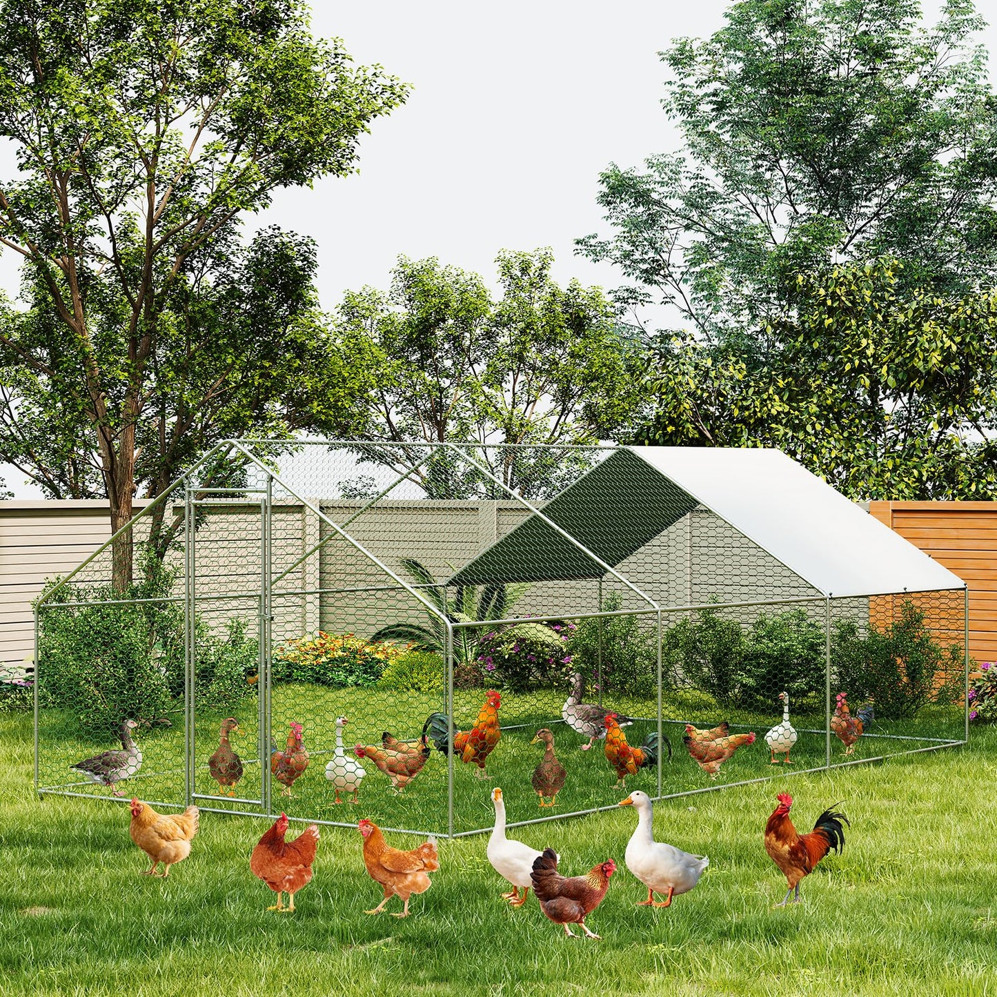 Large Metal Chicken Coop Walk-in Poultry Cage, Chicken Run with Waterproof Anti-UV Cover, Heavy Duty Galvanized Steel Hen House for Outdoor Yard Farm Duck Rabbit (9.8' L x 19.7' W x 6.6' H)