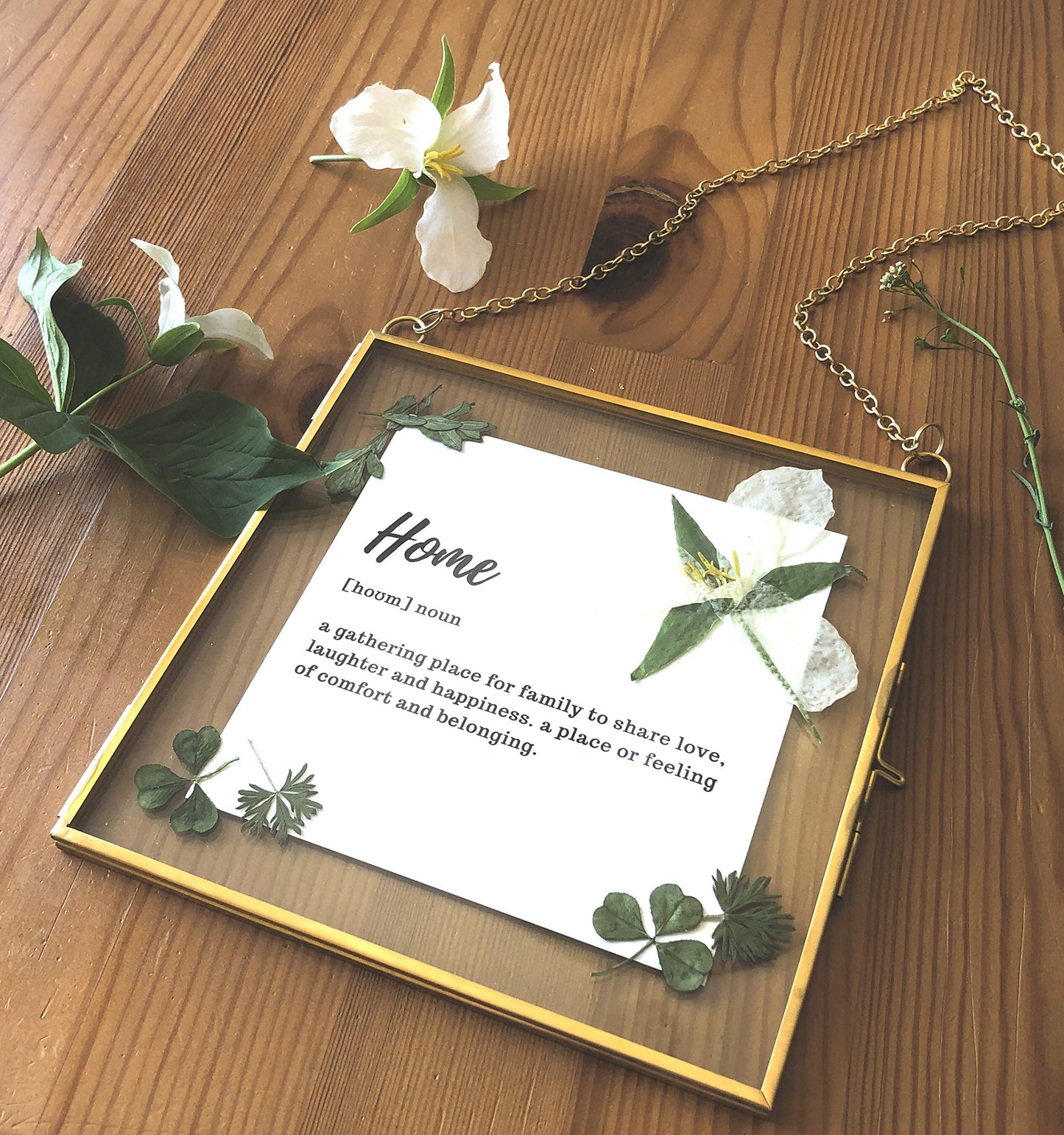 Glass Frame for Pressed Flowers, Leaf and Artwork - Hanging Gold 6x6 Square Metal Picture Frames, Clear Double Glass Floating Frame, Wall Decor Photo Display, Set of 2 Flower Press Frames with Chain