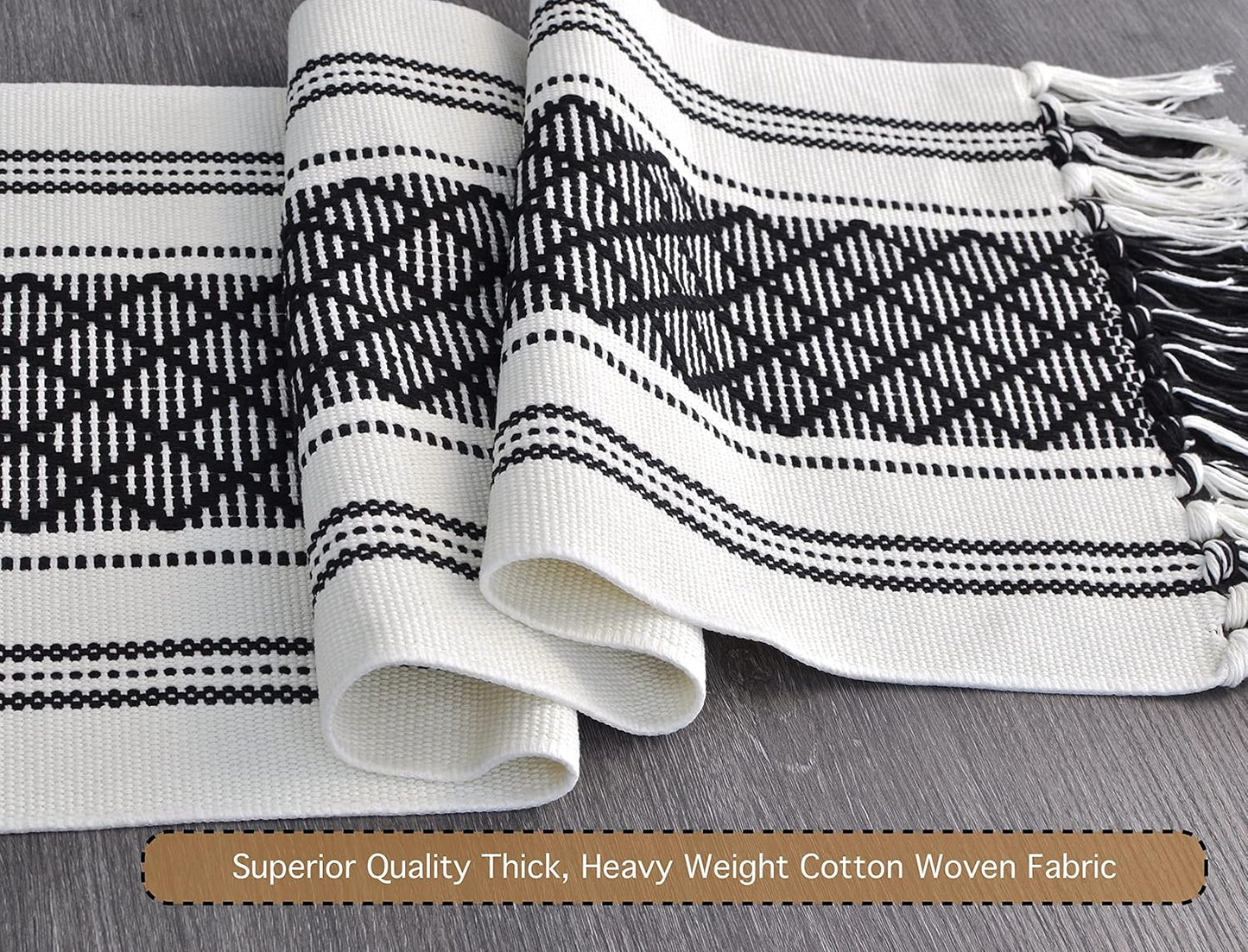 14 72 Inches, Boho Table Runner with Tassel x Black & Cream Cotton Woven Washable Dresser Scarf Top Cover for Furniture