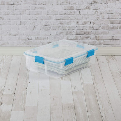 Sterilite 37 Qt Gasket Box, Stackable Storage Bin with Latching Lid and Tight Seal, Plastic Container to Organize Underbed, Clear Base and Lid, 4-Pack