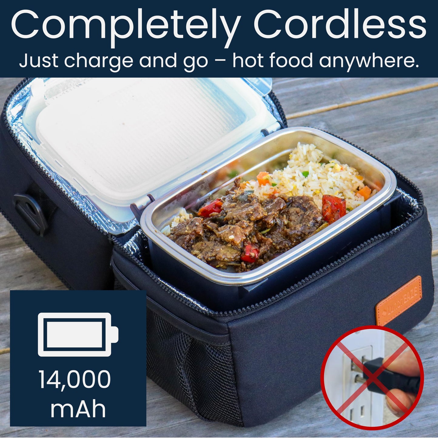 LunchEAZE XL Cordless Heated & Electric Lunch Box – Battery-Powered, 6-Cup Capacity, 220°F, Automatic Scheduled Heating, Insulated Bag for Hot Meals Anywhere