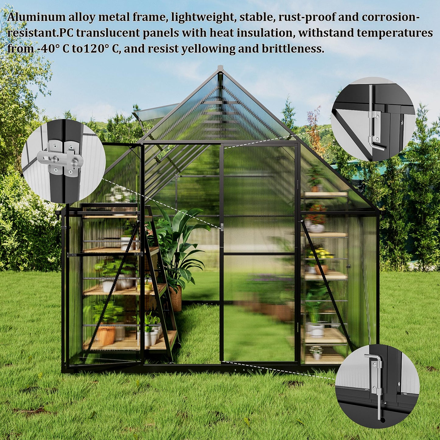 ASJMR 8×14 PC Outdoor Greenhouse, Green Houses for Outside with Aluminum Frame, Lockable Door & Adjustable Roof Vent - Heavy Duty Green Houses for Outside, Backyard, Garden, Patio Use (8×14)