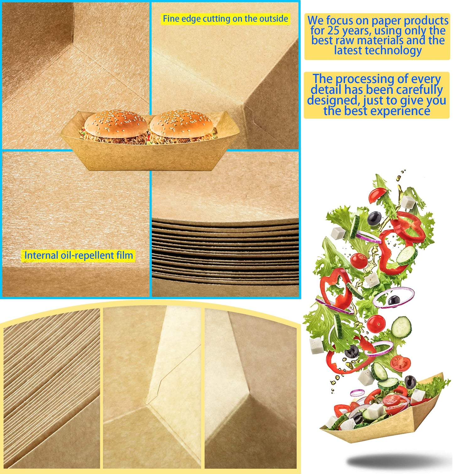 MotBach 100 Pack 2lb Paper Food Trays, Heavy-Duty Paper Food Boat Disposable Serving Basket Tray for French Fries Nachos Snack Hot Dog Taco BBQ Popcorn Party Picnic Wedding Party (Brown)