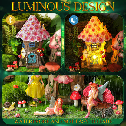 HyDren 100 Pcs Fairy House Garden Figurines Kit 8'' Solar Miniatures Light up 6.6" Fairy House Gnome Animals Doll Outdoor Resin Statues Micro Landscape Ornaments DIY Garden Decor