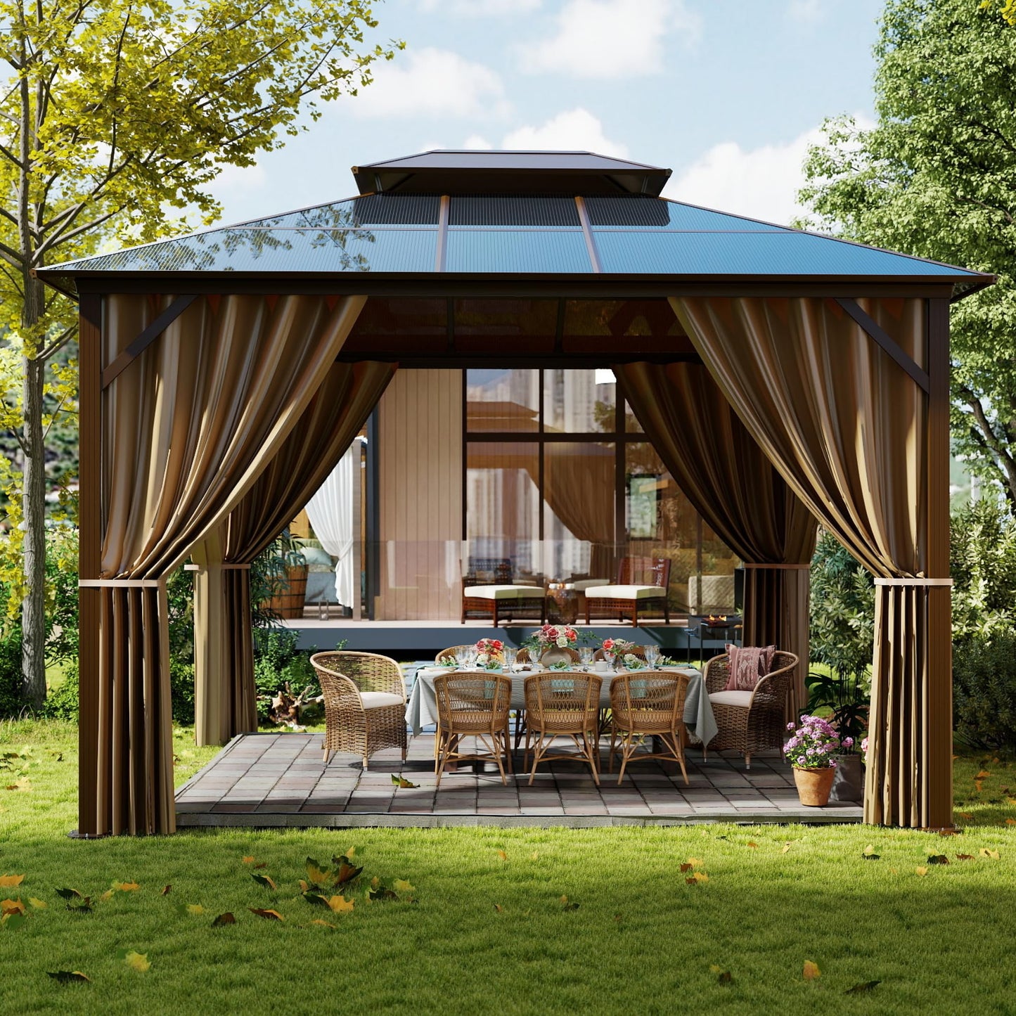 Patio Kingdom 10'x12' Hardtop Gazebo with Double Polycarbonate Roof, All Weather Aluminum Frame Outdoor Pavilion with Curtains and Netting, UV Protection for Patio, Lawn & Garden