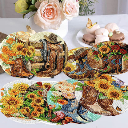 8 Pcs Diamond Art Coasters Kit for Adults, Cowboy Boots Flowers Diamond Painting Coasters with Holder Cork Pads, DIY Diamond Art Non Slip Coaster Crafts Kits for Adults Beginners Gifts