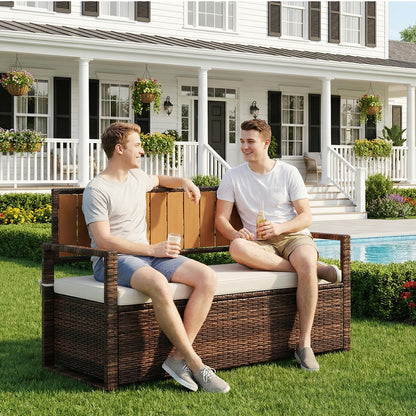 Garvee Dark Brown Wicker Storage Bench, Large Capacity Rattan Ottoman with White Waterproof Seat, Durable Iron & Wood Frame Chest for Toy Blanket Organization, Patio & Indoor Use