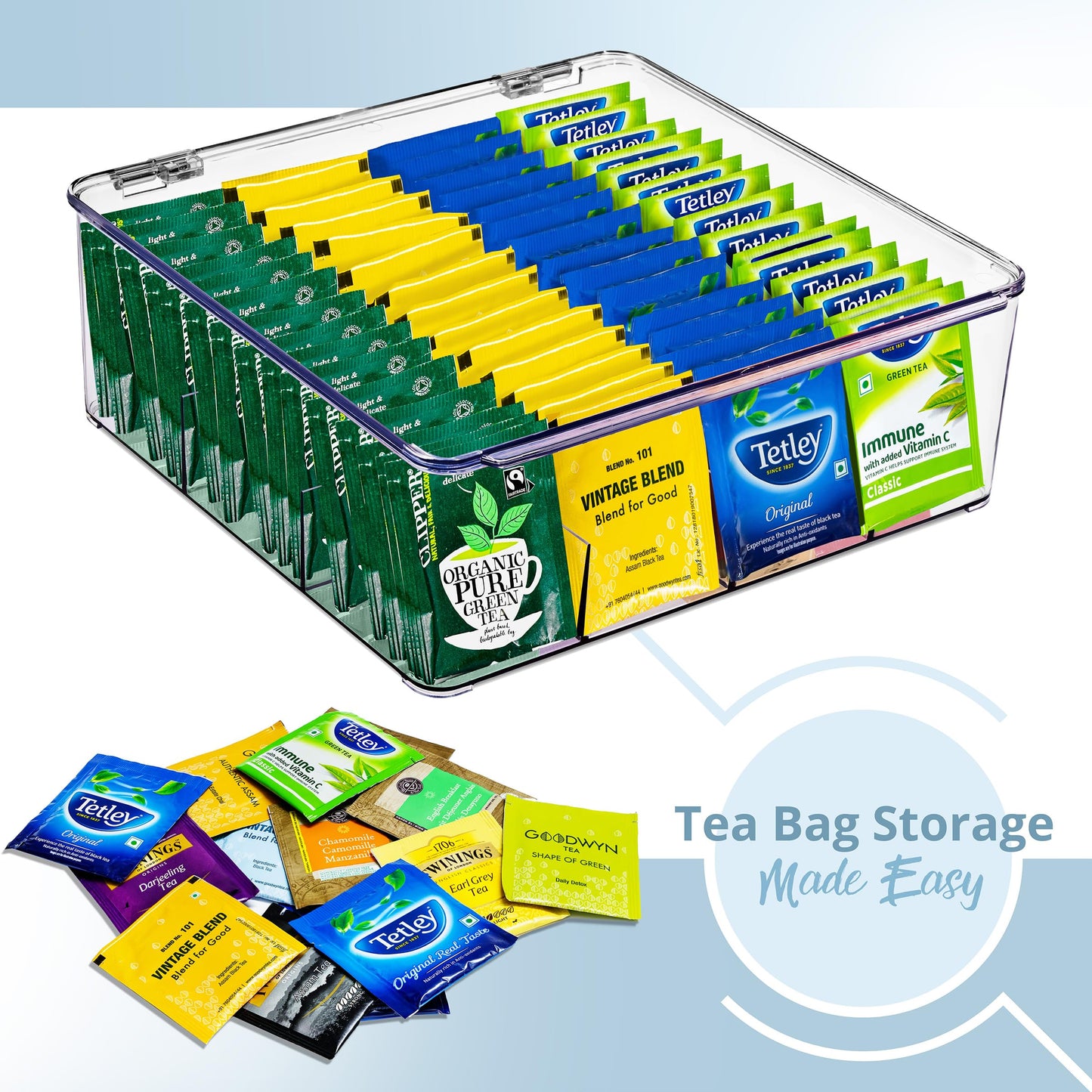 Sorbus Tea Bag Organizer, Stackable Tea Bag Storage Organizer with 12 Compartments and Hinged Lid, Plastic Tea Bags Holder for Kitchen Organizers
