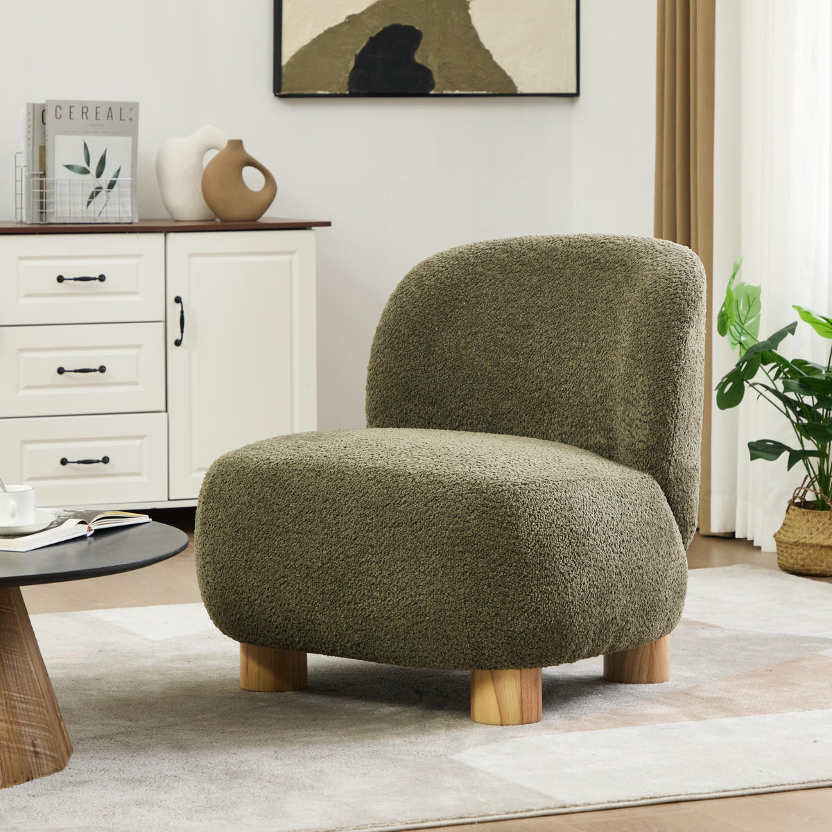 Christopher Knight Home Modern Low Profile Accent Chair for Living Room, Boucle Upholstered Armless Chair with Rubberwood Legs, Comfy Lounge Armchair, Plush Cloud-Like Seating for Bedroom, Olive Green