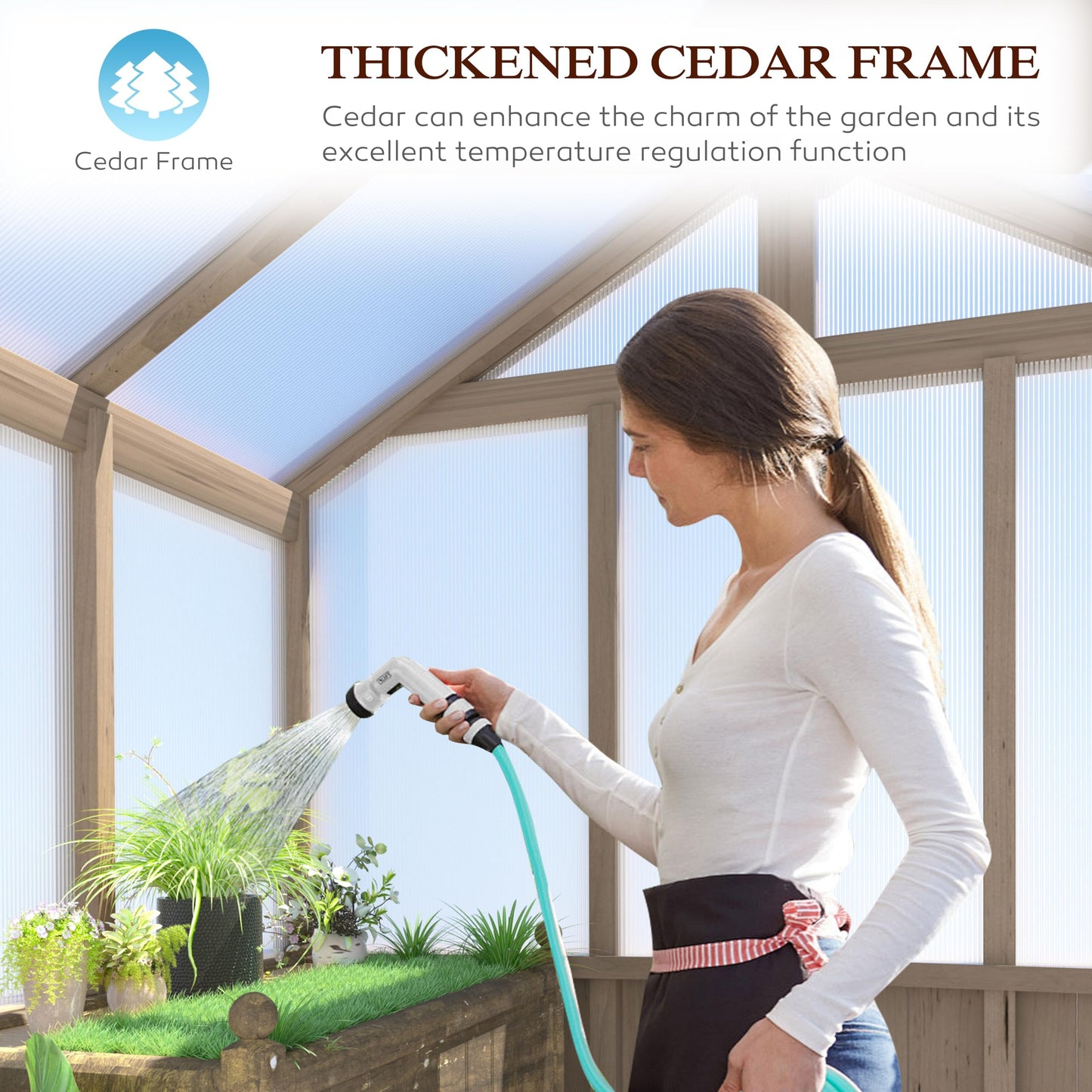 Yardenaler 8x16 FT Greenhouse for Outdoor, 6MM Thick Polycarbonate Panel Wooden Walk-in Green House with Adjustable Roof Vents and Lockable Door, Backyard Garden, Light Mocha Brown